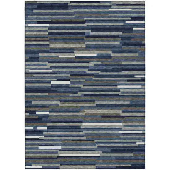Navy Blue Gray And Ivory Striped Washable Indoor Outdoor Area Rug Photo 2