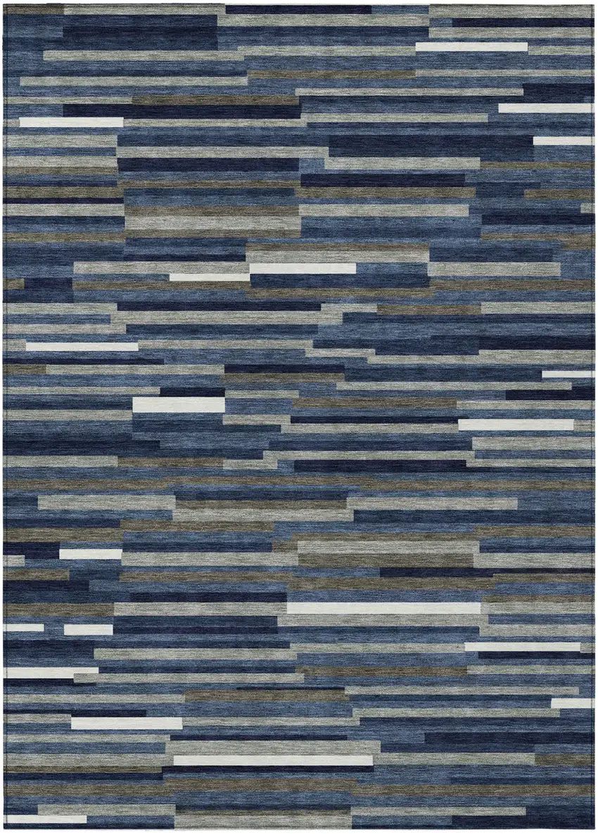 Navy Blue Gray And Ivory Striped Washable Indoor Outdoor Area Rug Photo 2