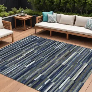 Photo of Navy Blue Gray And Ivory Striped Washable Indoor Outdoor Area Rug