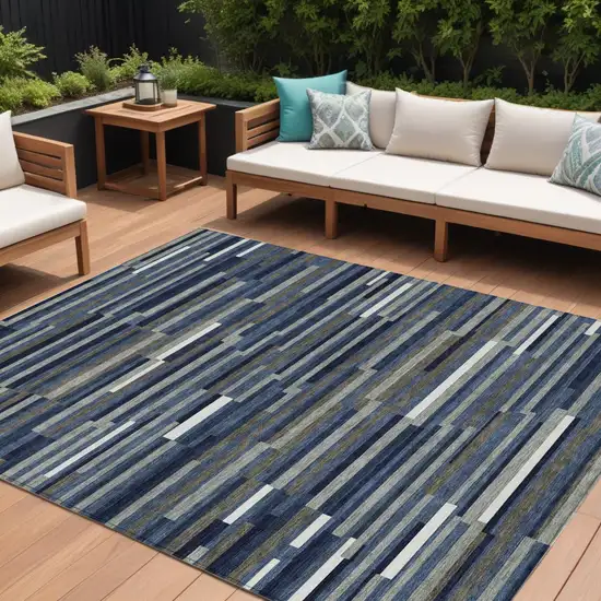 Navy Blue Gray And Ivory Striped Washable Indoor Outdoor Area Rug Photo 1