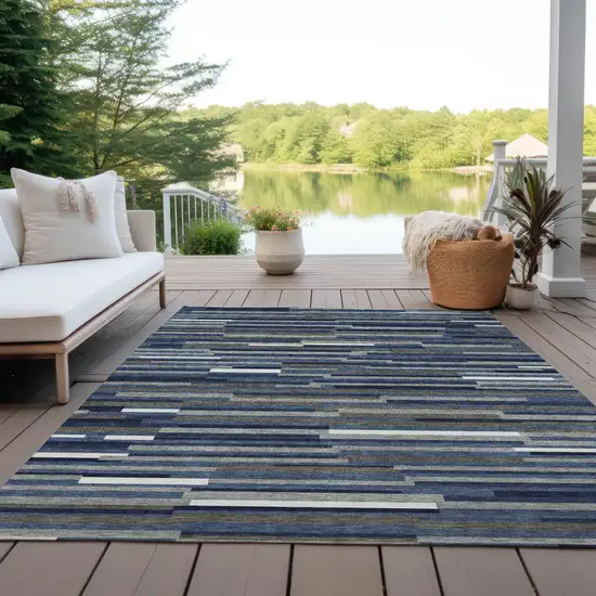 Navy Blue Gray And Ivory Striped Washable Indoor Outdoor Area Rug Photo 9