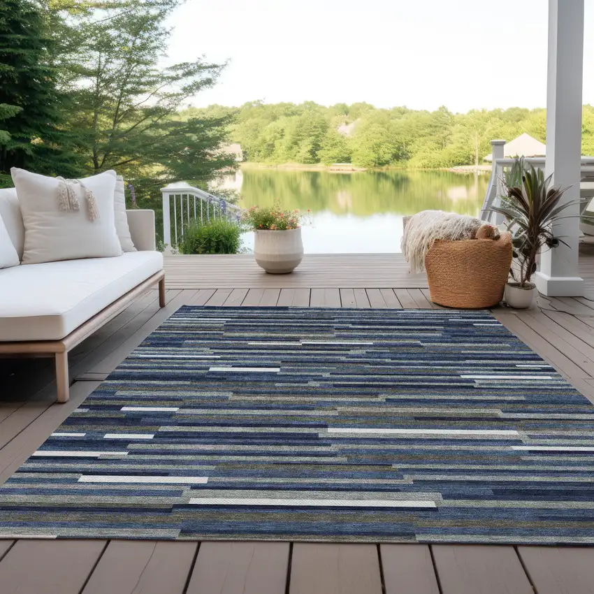 Navy Blue Gray And Ivory Striped Washable Indoor Outdoor Area Rug Photo 9