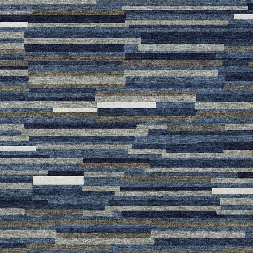 Navy Blue Gray And Ivory Striped Washable Indoor Outdoor Area Rug Photo 7