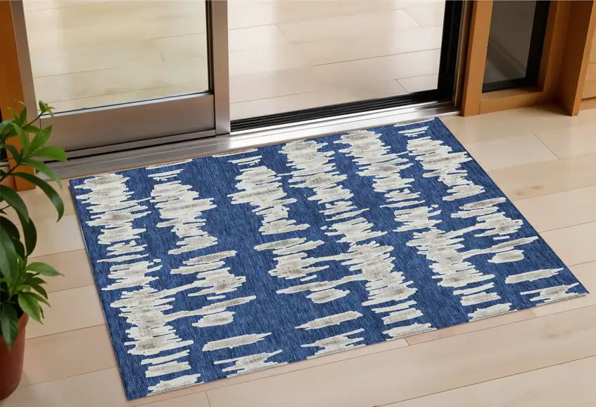 Navy Blue Gray And Ivory Striped Washable Indoor Outdoor Area Rug Photo 1