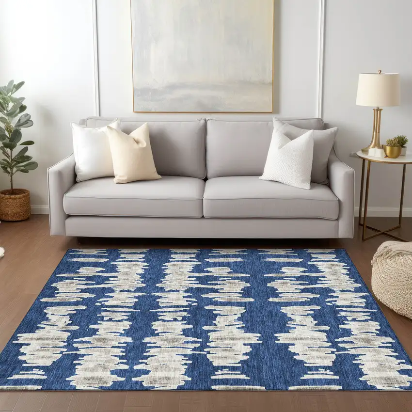 Navy Blue Gray And Ivory Striped Washable Indoor Outdoor Area Rug Photo 9