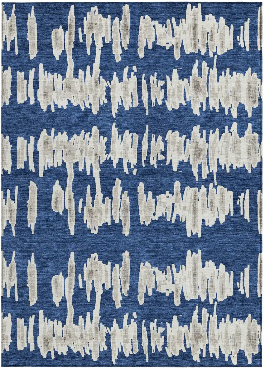 Navy Blue Gray And Ivory Striped Washable Indoor Outdoor Area Rug Photo 7