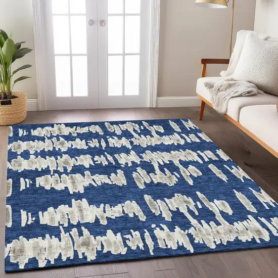 Navy Blue Gray And Ivory Striped Washable Indoor Outdoor Area Rug Photo 9