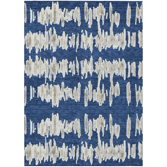 Navy Blue Gray And Ivory Striped Washable Indoor Outdoor Area Rug Photo 2