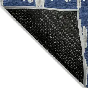 Photo of Navy Blue Gray And Ivory Striped Washable Indoor Outdoor Area Rug