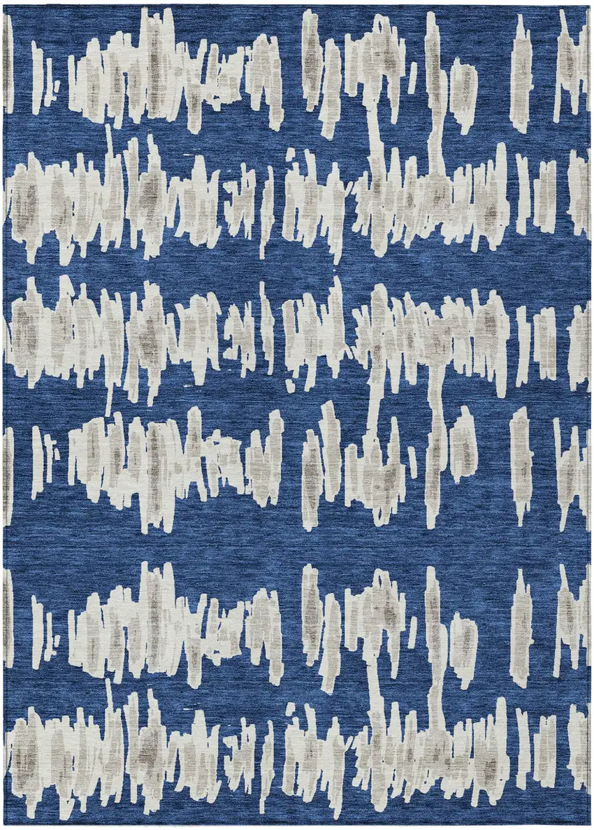 Navy Blue Gray And Ivory Striped Washable Indoor Outdoor Area Rug Photo 2