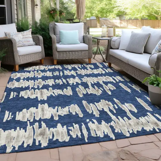 Navy Blue Gray And Ivory Striped Washable Indoor Outdoor Area Rug Photo 9