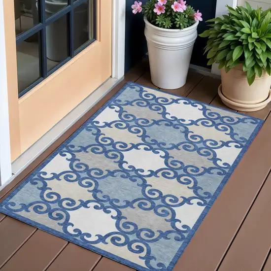 Navy Blue Gray And Ivory Trellis Washable Indoor Outdoor Area Rug Photo 1