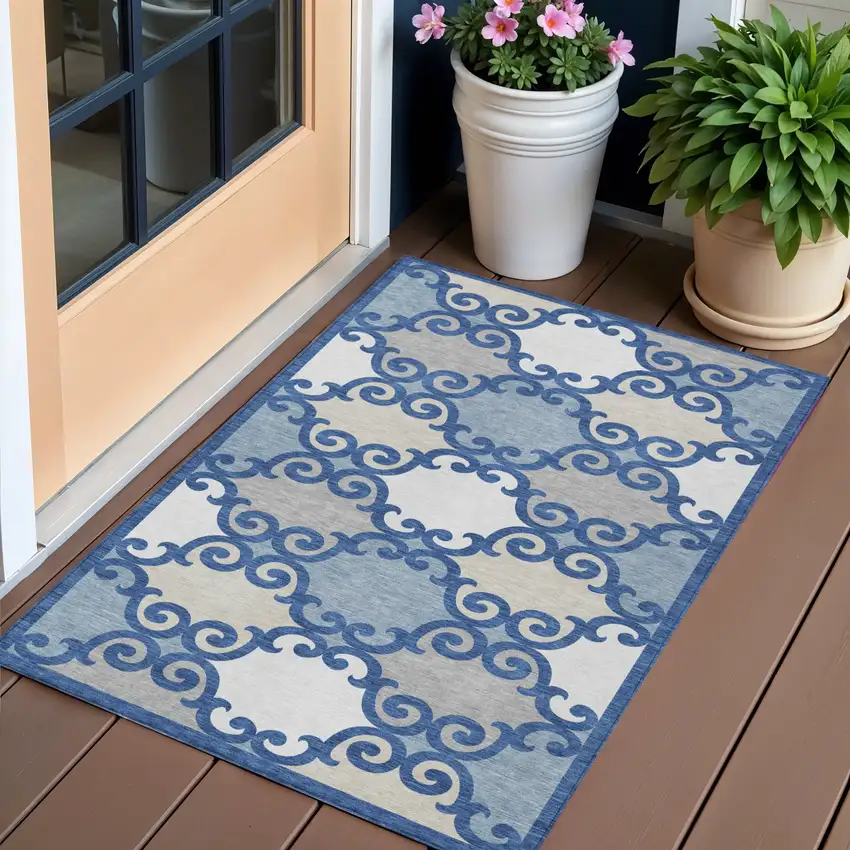 Navy Blue Gray And Ivory Trellis Washable Indoor Outdoor Area Rug Photo 1