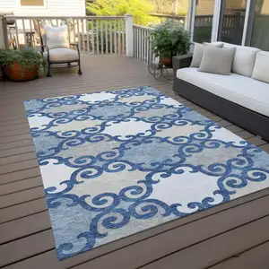 Photo of Navy Blue Gray And Ivory Trellis Washable Indoor Outdoor Area Rug