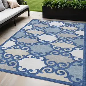Photo of Navy Blue Gray And Ivory Trellis Washable Indoor Outdoor Area Rug