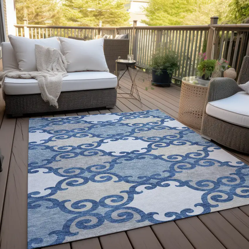 Navy Blue Gray And Ivory Trellis Washable Indoor Outdoor Area Rug Photo 9