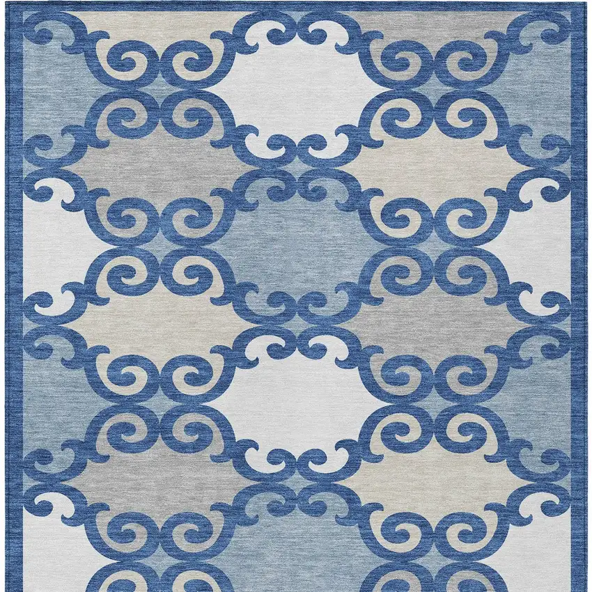 Navy Blue Gray And Ivory Trellis Washable Indoor Outdoor Area Rug Photo 6