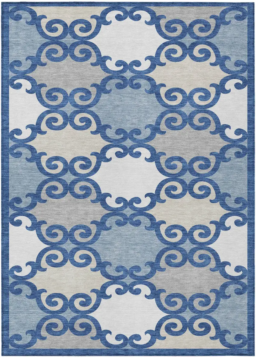 Navy Blue Gray And Ivory Trellis Washable Indoor Outdoor Area Rug Photo 2