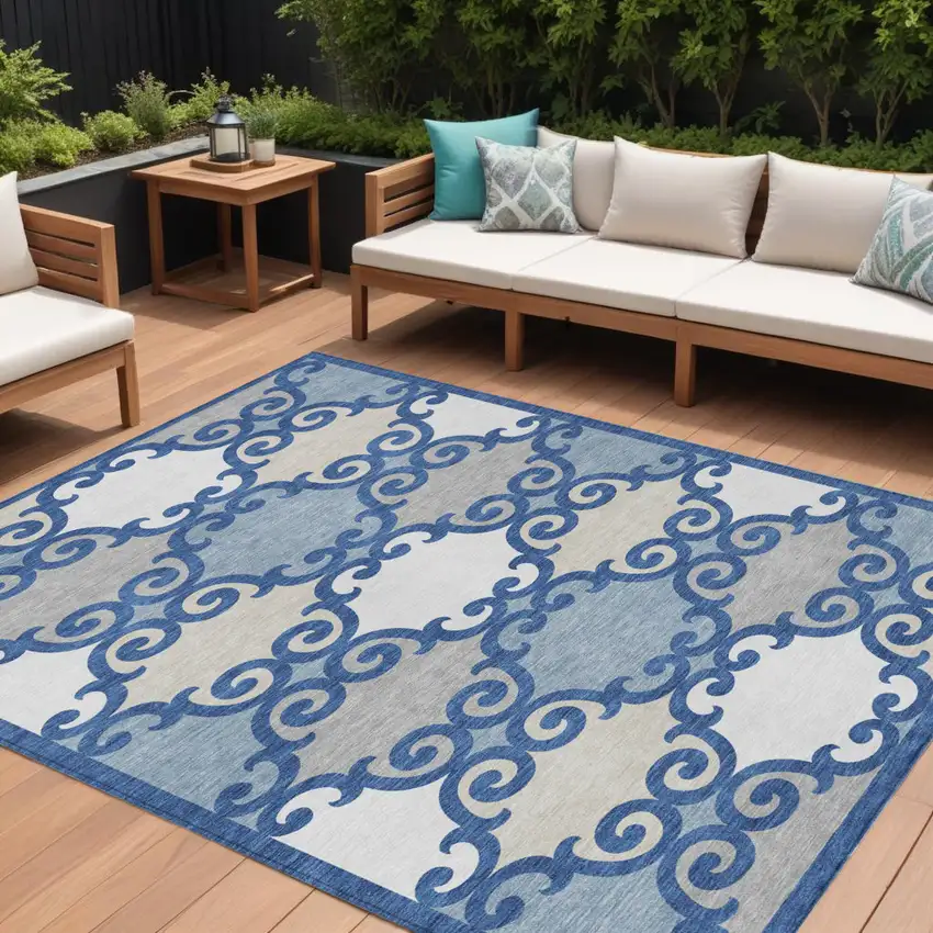 Navy Blue Gray And Ivory Trellis Washable Indoor Outdoor Area Rug Photo 1