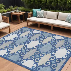 Photo of Navy Blue Gray And Ivory Trellis Washable Indoor Outdoor Area Rug