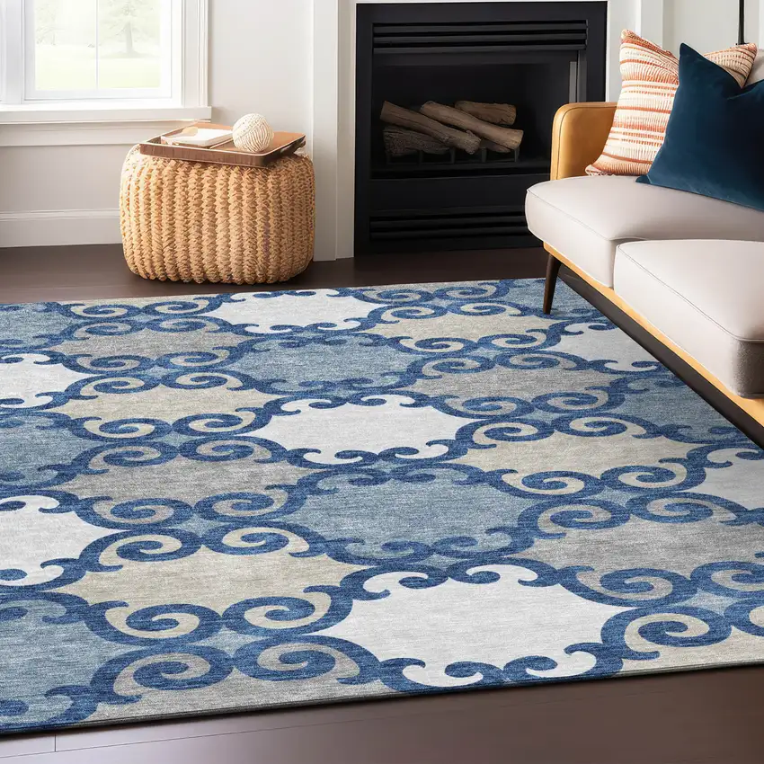 Navy Blue Gray And Ivory Trellis Washable Indoor Outdoor Area Rug Photo 7