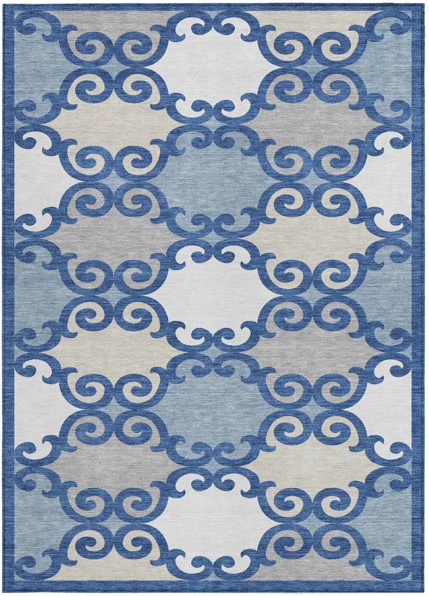 Navy Blue Gray And Ivory Trellis Washable Indoor Outdoor Area Rug Photo 5