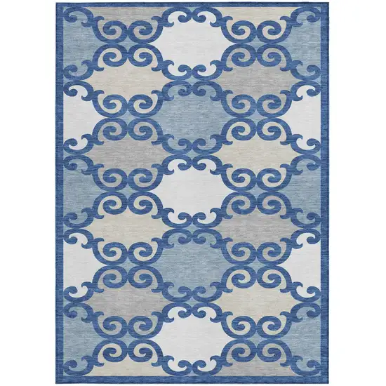 Navy Blue Gray And Ivory Trellis Washable Indoor Outdoor Area Rug Photo 5