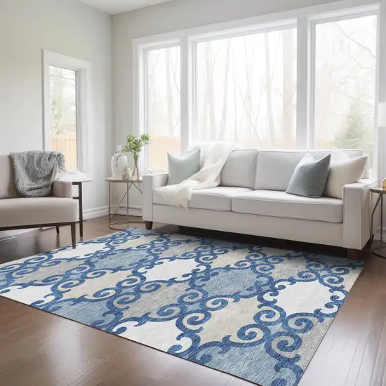 Navy Blue Gray And Ivory Trellis Washable Indoor Outdoor Area Rug Photo 8