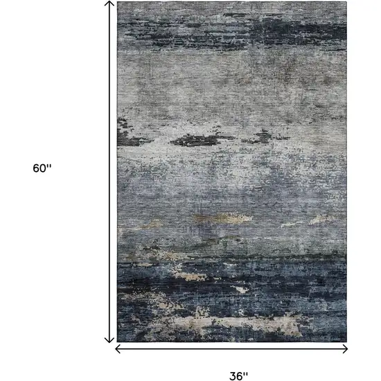 Navy Blue Gray And Silver Abstract Washable Area Rug With UV Protection Photo 3