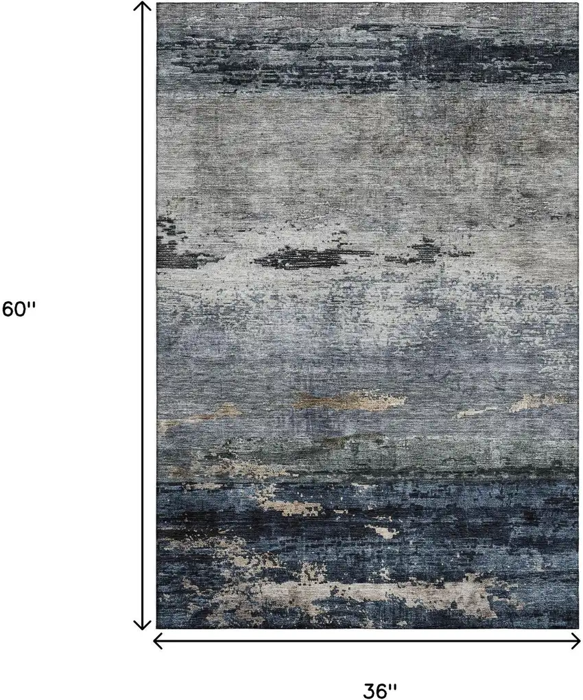 Navy Blue Gray And Silver Abstract Washable Area Rug With UV Protection Photo 3