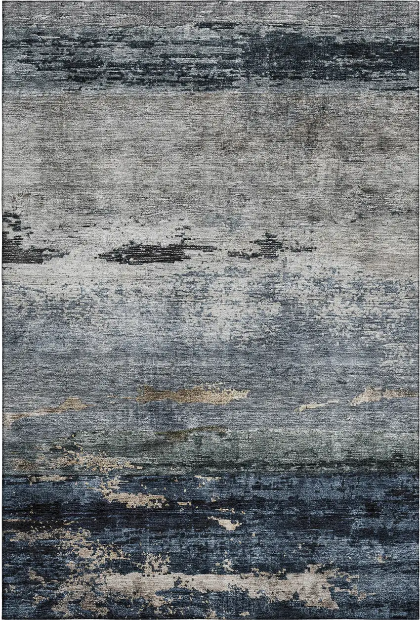 Navy Blue Gray And Silver Abstract Washable Area Rug With UV Protection Photo 1