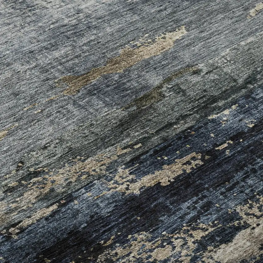 Navy Blue Gray And Silver Abstract Washable Area Rug With UV Protection Photo 9