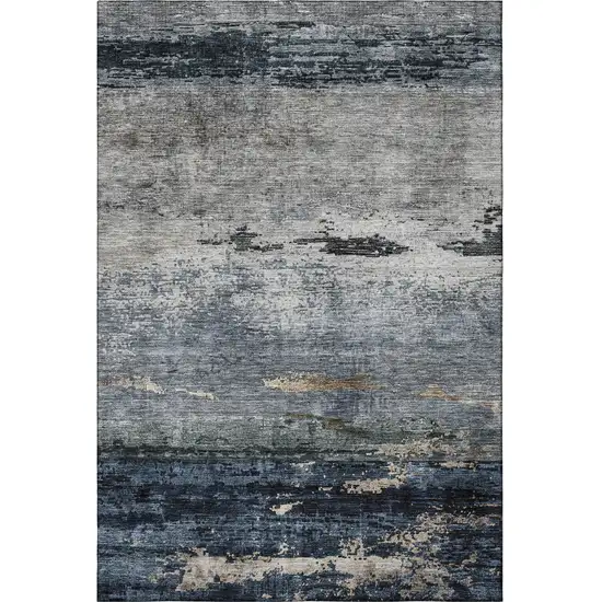 Navy Blue Gray And Silver Abstract Washable Area Rug With UV Protection Photo 3