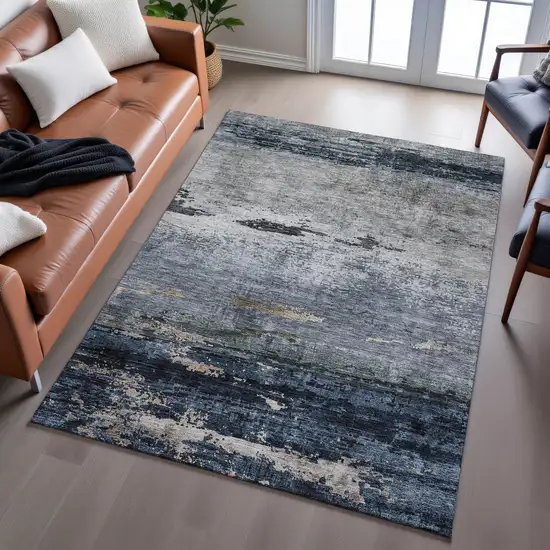 Navy Blue Gray And Silver Abstract Washable Area Rug With UV Protection Photo 5