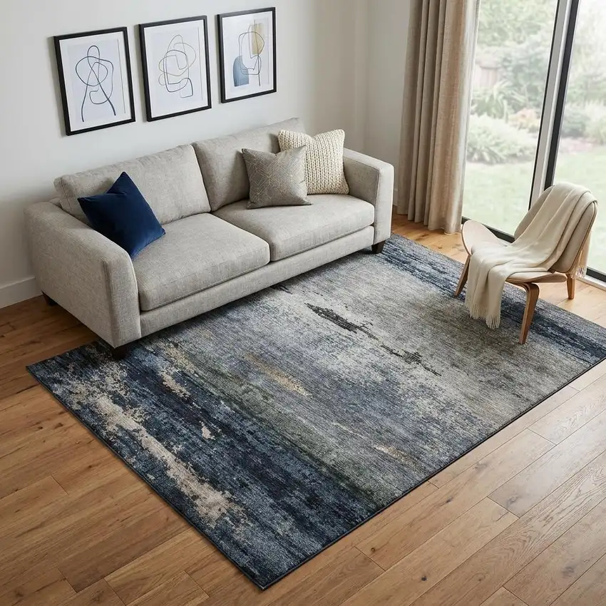 Navy Blue Gray And Silver Abstract Washable Area Rug With UV Protection Photo 1