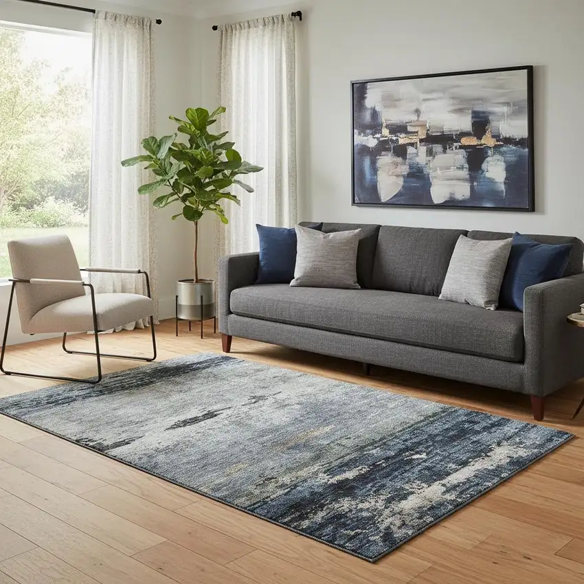 Navy Blue Gray And Silver Abstract Washable Area Rug With UV Protection Photo 2