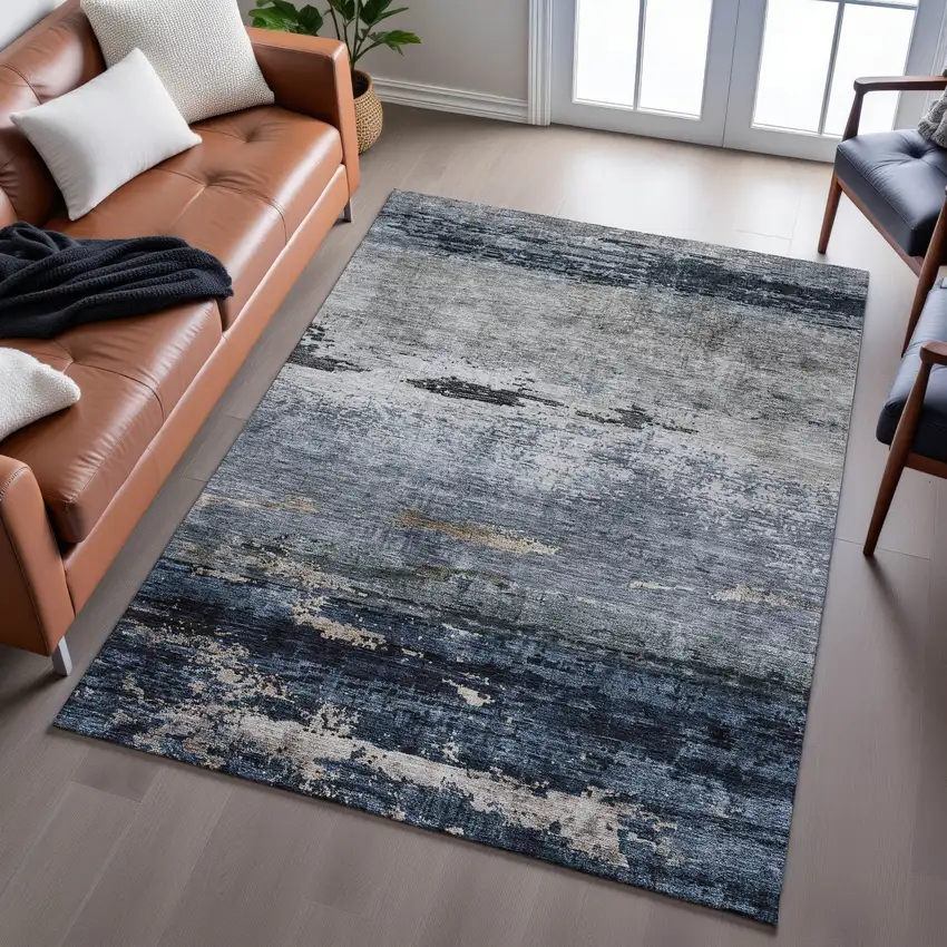 Navy Blue Gray And Silver Abstract Washable Area Rug With UV Protection Photo 5