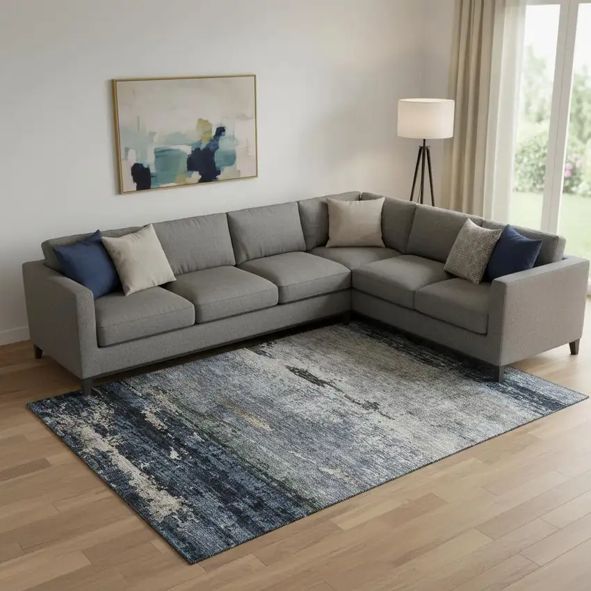 Navy Blue Gray And Silver Abstract Washable Area Rug With UV Protection Photo 2