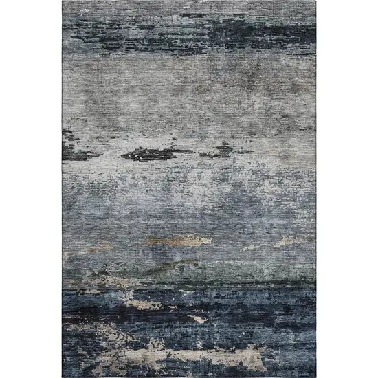 Navy Blue Gray And Silver Abstract Washable Area Rug With UV Protection Photo 1