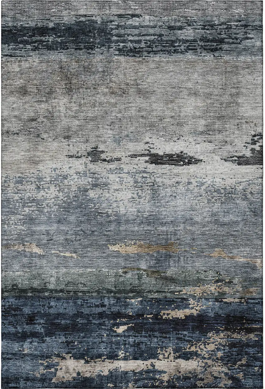 Navy Blue Gray And Silver Abstract Washable Area Rug With UV Protection Photo 3