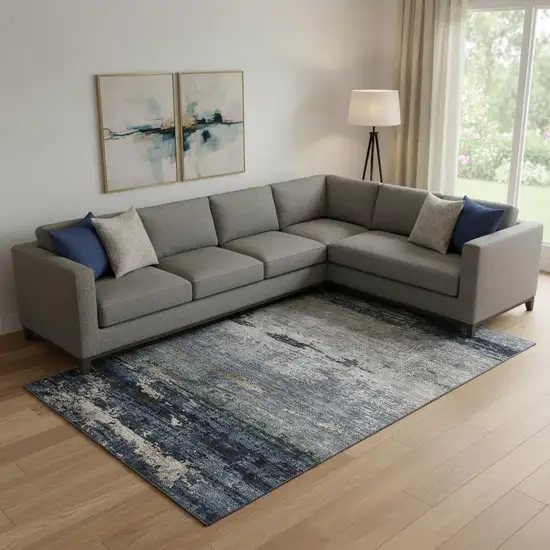 Navy Blue Gray And Silver Abstract Washable Area Rug With UV Protection Photo 2