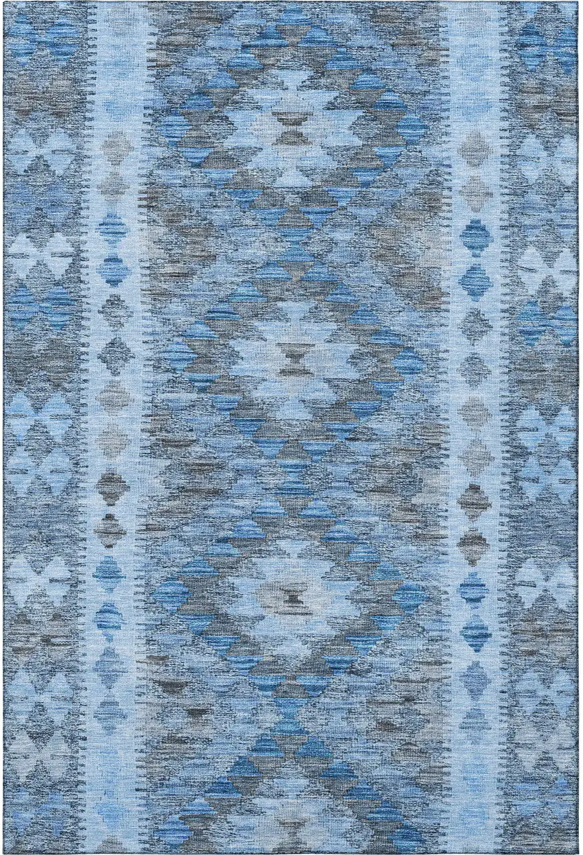 Navy Blue Gray And Silver Geometric Washable Area Rug With UV Protection Photo 2