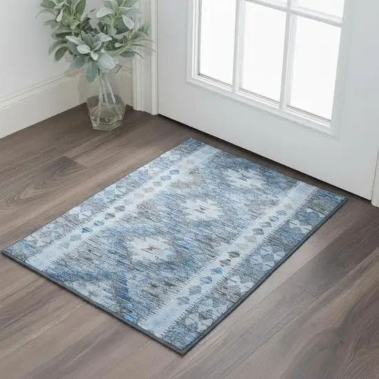 Navy Blue Gray And Silver Geometric Washable Area Rug With UV Protection Photo 2