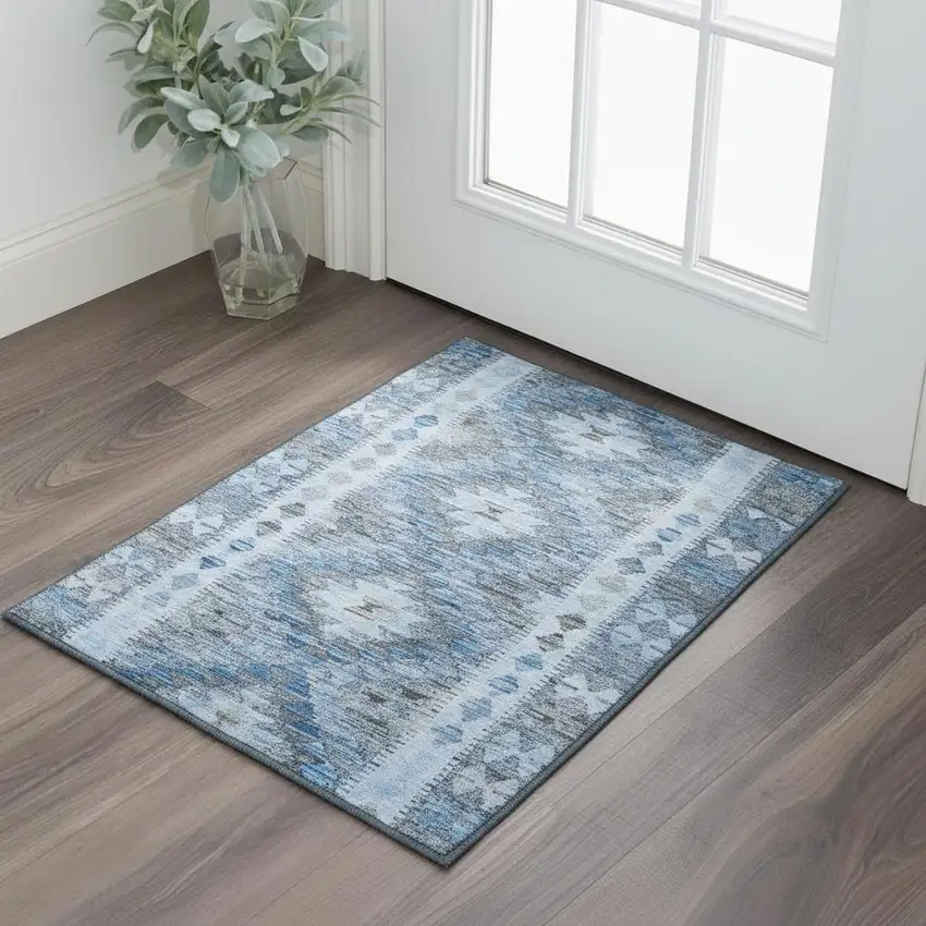 Navy Blue Gray And Silver Geometric Washable Area Rug With UV Protection Photo 2