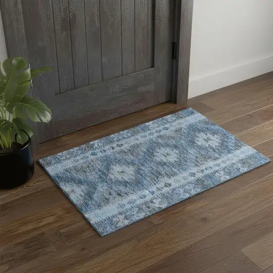 Navy Blue Gray And Silver Geometric Washable Area Rug With UV Protection Photo 1