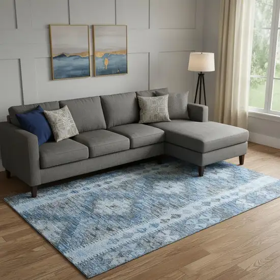 Navy Blue Gray And Silver Geometric Washable Area Rug With UV Protection Photo 2