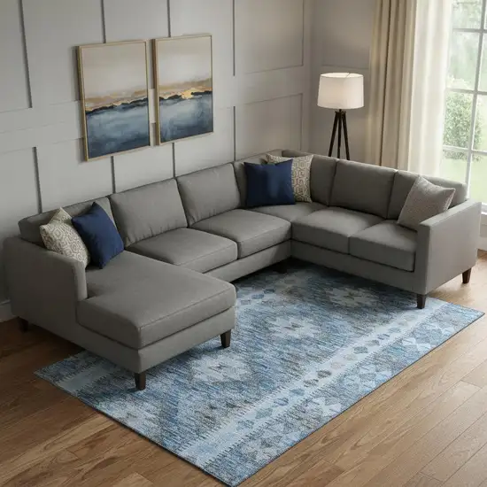 Navy Blue Gray And Silver Geometric Washable Area Rug With UV Protection Photo 2