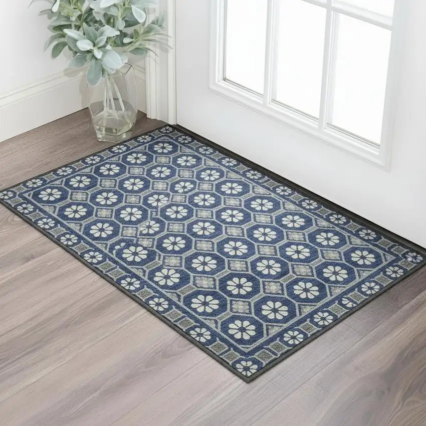 Navy Blue Gray And Silver Geometric Washable Area Rug With UV Protection Photo 2
