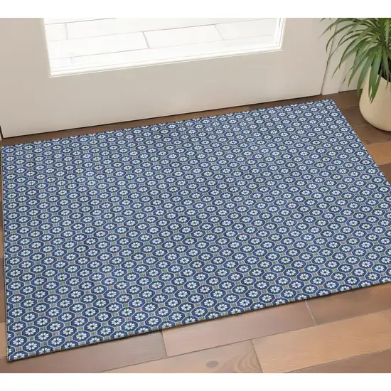 Navy Blue Gray And Silver Geometric Washable Area Rug With UV Protection Photo 1