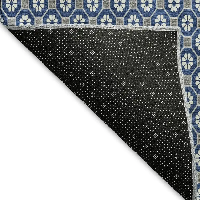 Navy Blue Gray And Silver Geometric Washable Area Rug With UV Protection Photo 3